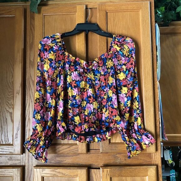 Anthropologie SKIES ARE BLUE Floral Balloon Sleeve Crop Top Metallic Stitch - XS - Picture 1 of 12
